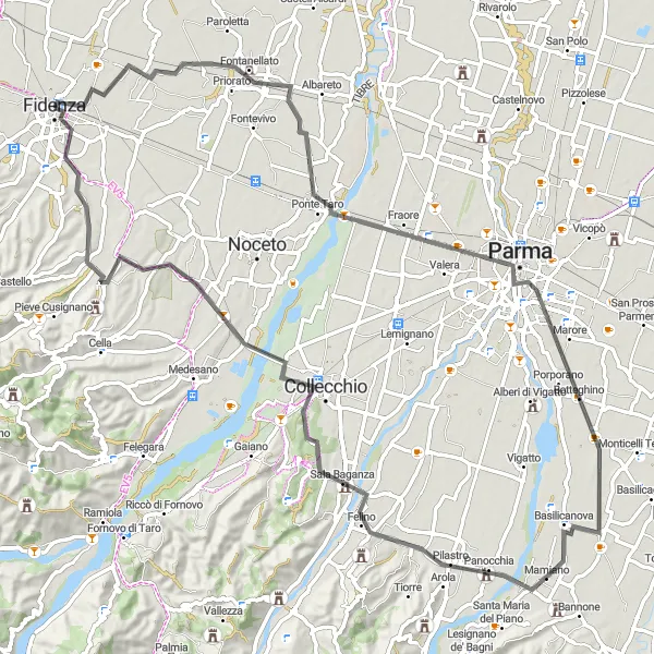 Karten-Miniaturansicht der Radinspiration "Rundfahrt von Fidenza nach Parma und zurück" in Emilia-Romagna, Italy. Erstellt vom Tarmacs.app-Routenplaner für Radtouren