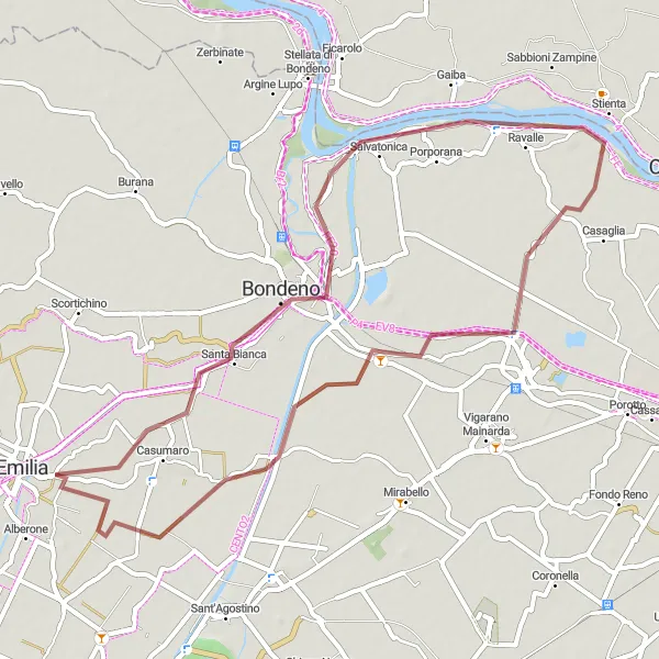 Miniatura della mappa di ispirazione al ciclismo "Esplorando la campagna emiliana in sterrato" nella regione di Emilia-Romagna, Italy. Generata da Tarmacs.app, pianificatore di rotte ciclistiche