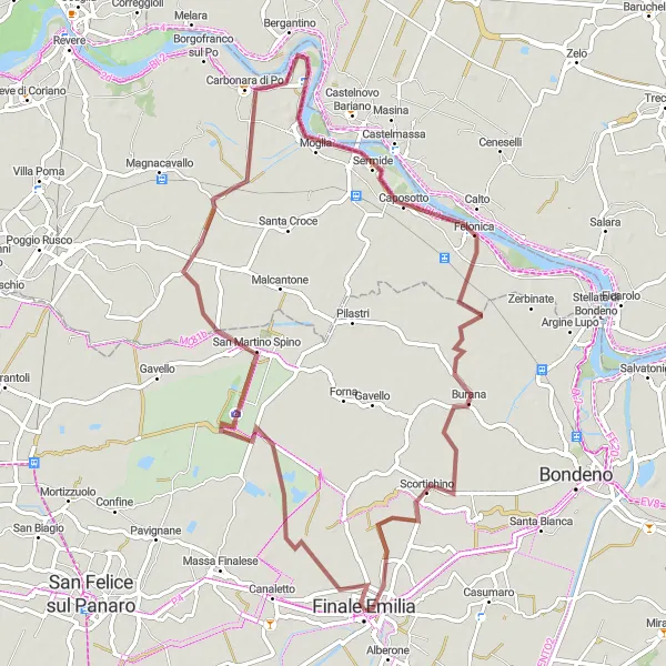 Miniatua del mapa de inspiración ciclista "Ruta de Ciclismo en Grava por San Martino Spino y Sermide" en Emilia-Romagna, Italy. Generado por Tarmacs.app planificador de rutas ciclistas