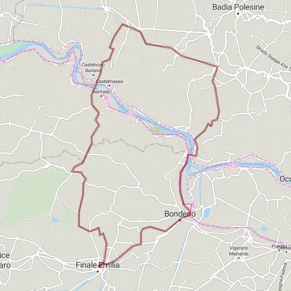 Miniaturní mapa "Gravelová cyklistická trasa kolem Finale Emilia" inspirace pro cyklisty v oblasti Emilia-Romagna, Italy. Vytvořeno pomocí plánovače tras Tarmacs.app