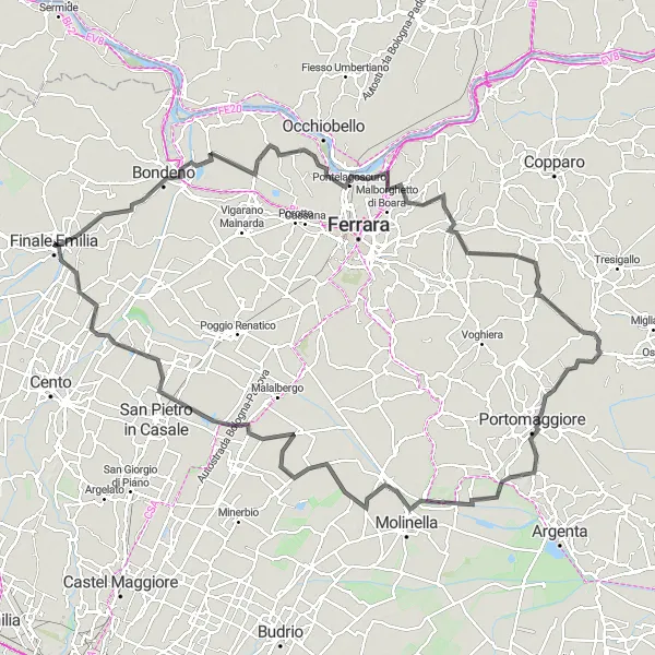 Miniatua del mapa de inspiración ciclista "Ruta por carretera a Galliera y Pilastrello" en Emilia-Romagna, Italy. Generado por Tarmacs.app planificador de rutas ciclistas