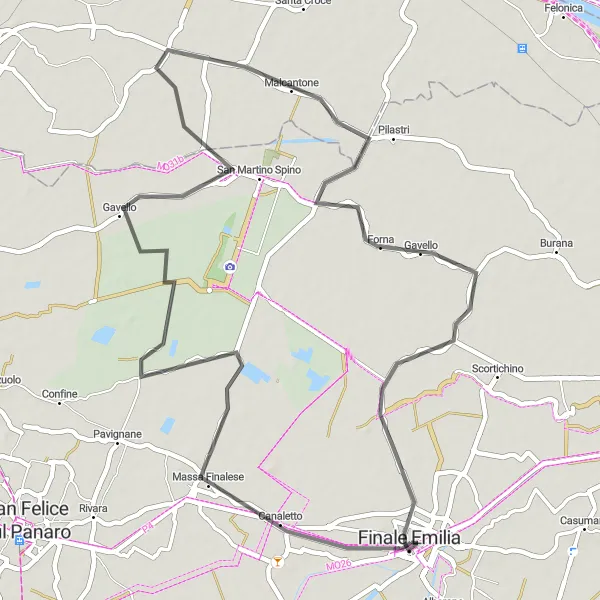 Miniatua del mapa de inspiración ciclista "Ruta de 58 km en carretera desde Finale Emilia" en Emilia-Romagna, Italy. Generado por Tarmacs.app planificador de rutas ciclistas