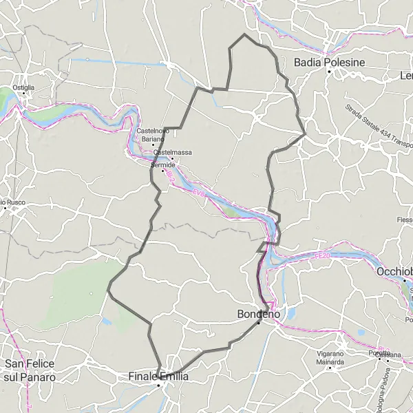 Miniatua del mapa de inspiración ciclista "Ruta por carretera a Ficarolo y Castelnovo Bariano" en Emilia-Romagna, Italy. Generado por Tarmacs.app planificador de rutas ciclistas