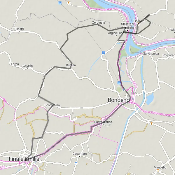 Miniatua del mapa de inspiración ciclista "Ruta de Ciclismo de Carretera por Rocca Possente di Stellata" en Emilia-Romagna, Italy. Generado por Tarmacs.app planificador de rutas ciclistas