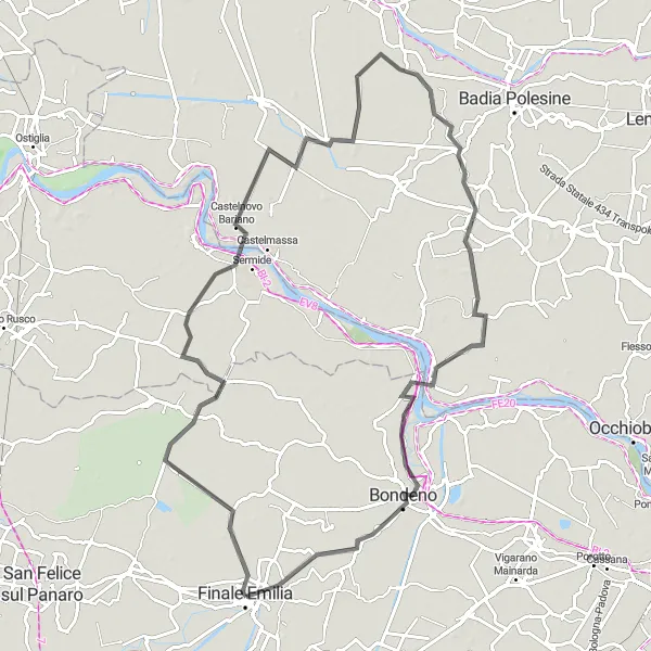 Miniatua del mapa de inspiración ciclista "Recorrido en Bicicleta por Castelnovo Bariano y Ficarolo" en Emilia-Romagna, Italy. Generado por Tarmacs.app planificador de rutas ciclistas