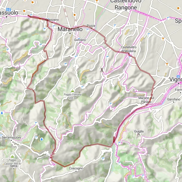 Kartminiatyr av "Oppdag Castelvetro di Modena og Monte Cornazzano" sykkelinspirasjon i Emilia-Romagna, Italy. Generert av Tarmacs.app sykkelrutoplanlegger
