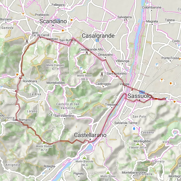 Zemljevid v pomanjšavi "Pustolovščina po makadamskih poteh blizu Fiorana" kolesarske inspiracije v Emilia-Romagna, Italy. Generirano z načrtovalcem kolesarskih poti Tarmacs.app