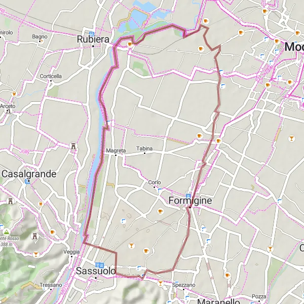 Map miniature of "Panoramic Gravel Ride to Torre Castello di Fiorano" cycling inspiration in Emilia-Romagna, Italy. Generated by Tarmacs.app cycling route planner