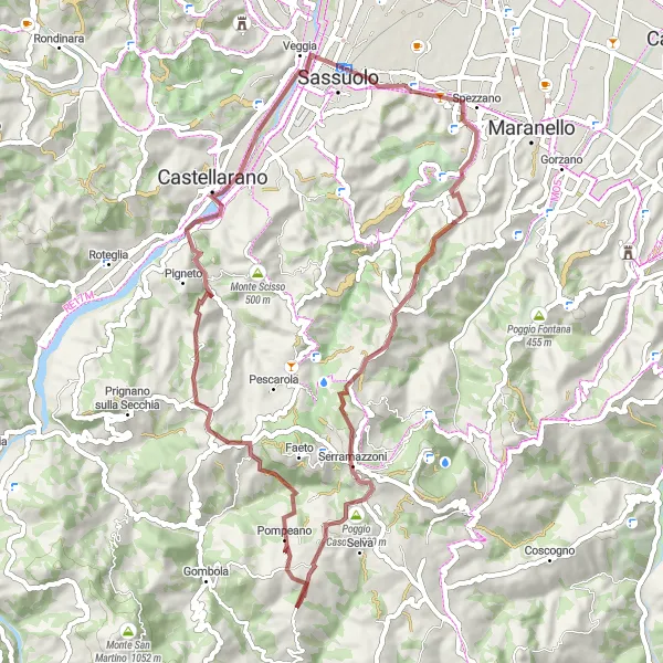Map miniature of "Mountain Gravel Loop to Monte Tagliato and Poggio Casone" cycling inspiration in Emilia-Romagna, Italy. Generated by Tarmacs.app cycling route planner