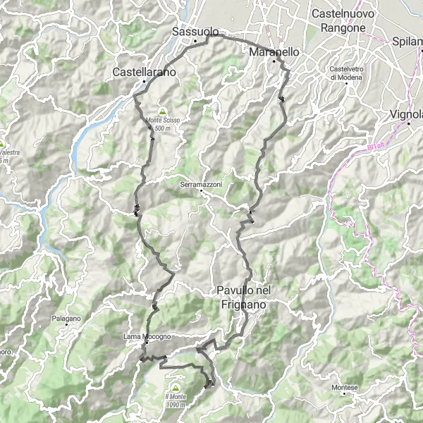 Miniatua del mapa de inspiración ciclista "Ruta en Carretera de Maranello a Monte Branzola" en Emilia-Romagna, Italy. Generado por Tarmacs.app planificador de rutas ciclistas