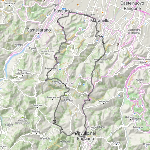 Miniatua del mapa de inspiración ciclista "Ruta en Carretera de Fiorano a Castello di Montegibbio" en Emilia-Romagna, Italy. Generado por Tarmacs.app planificador de rutas ciclistas