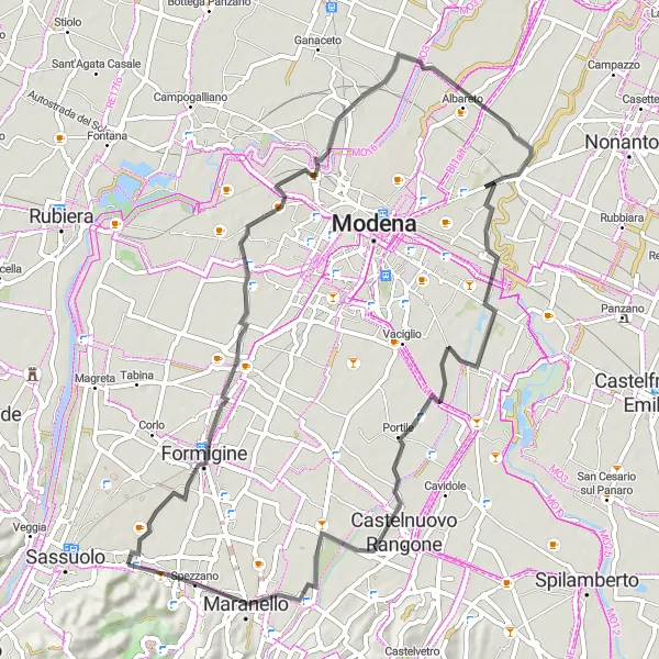 Miniatua del mapa de inspiración ciclista "Ruta Escénica de Fiorano a Maranello" en Emilia-Romagna, Italy. Generado por Tarmacs.app planificador de rutas ciclistas
