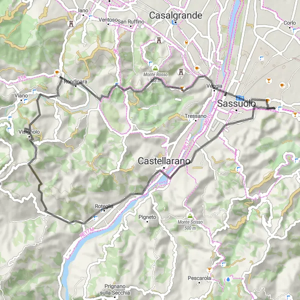 Map miniature of "Scenic Road Ride to Veggia and Montebabbio" cycling inspiration in Emilia-Romagna, Italy. Generated by Tarmacs.app cycling route planner