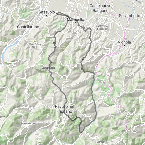 Zemljevid v pomanjšavi "Pot Ferrari Prigovice" kolesarske inspiracije v Emilia-Romagna, Italy. Generirano z načrtovalcem kolesarskih poti Tarmacs.app