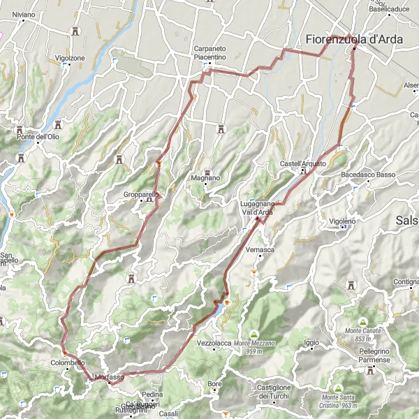 Map miniature of "Gravel Adventure in the Hills" cycling inspiration in Emilia-Romagna, Italy. Generated by Tarmacs.app cycling route planner