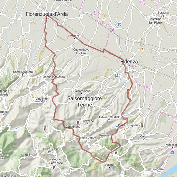 Miniaturekort af cykelinspirationen "Gruscykelrute til Monte Calvo fra Fiorenzuola d'Arda" i Emilia-Romagna, Italy. Genereret af Tarmacs.app cykelruteplanlægger