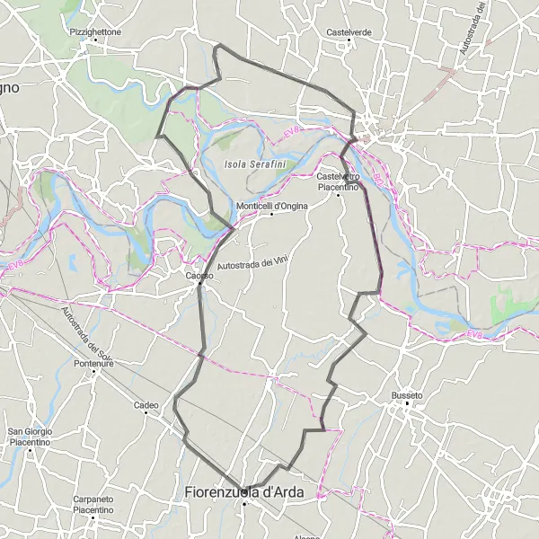 Miniatura mapy "Trasa do Caorso" - trasy rowerowej w Emilia-Romagna, Italy. Wygenerowane przez planer tras rowerowych Tarmacs.app