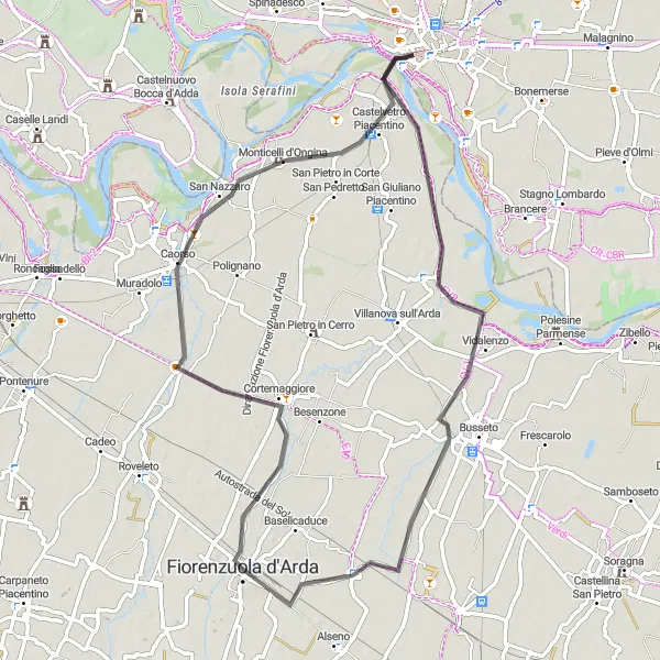 Mapa miniatúra "Cyklotúra cez Cortemaggiore a Castelvetra Piacentino" cyklistická inšpirácia v Emilia-Romagna, Italy. Vygenerované cyklistickým plánovačom trás Tarmacs.app