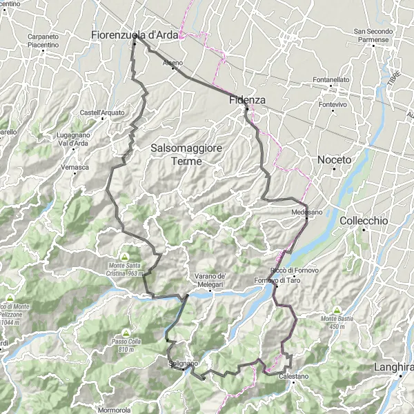 Zemljevid v pomanjšavi "Kolesarska avantura skozi Piacento" kolesarske inspiracije v Emilia-Romagna, Italy. Generirano z načrtovalcem kolesarskih poti Tarmacs.app