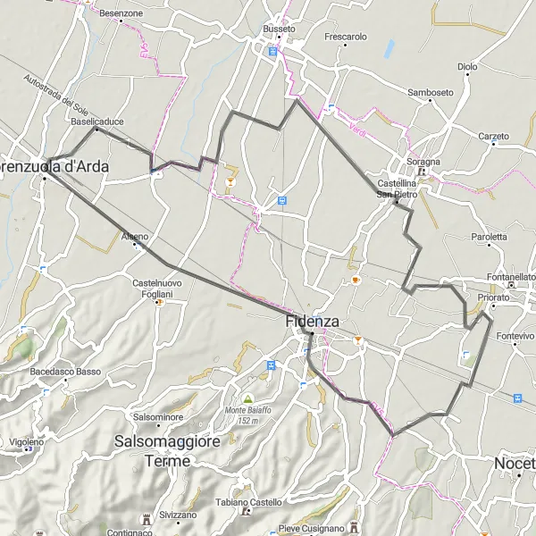 Mapa miniatúra "Cyklotúra cez Roncole Verdi a Alseno" cyklistická inšpirácia v Emilia-Romagna, Italy. Vygenerované cyklistickým plánovačom trás Tarmacs.app