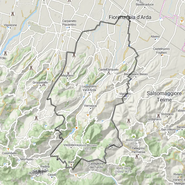 Miniatua del mapa de inspiración ciclista "Ruta Desafiante de Ciclismo de Carretera" en Emilia-Romagna, Italy. Generado por Tarmacs.app planificador de rutas ciclistas