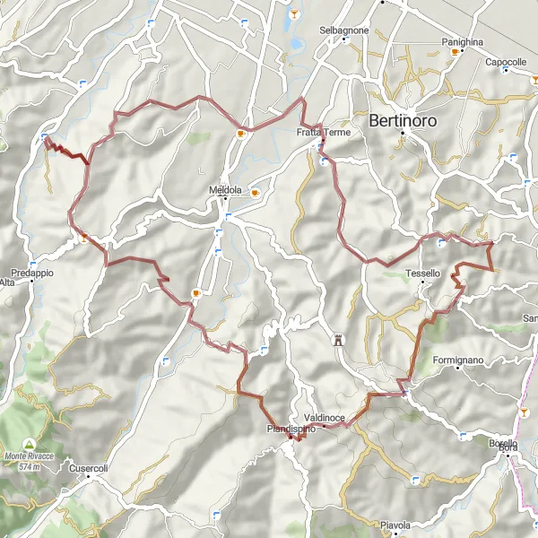 Miniatua del mapa de inspiración ciclista "Ruta de ciclismo de grava por Fratta Terme" en Emilia-Romagna, Italy. Generado por Tarmacs.app planificador de rutas ciclistas