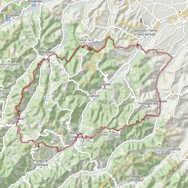 Kartminiatyr av "Scenic Route to Monte La Siba" sykkelinspirasjon i Emilia-Romagna, Italy. Generert av Tarmacs.app sykkelrutoplanlegger