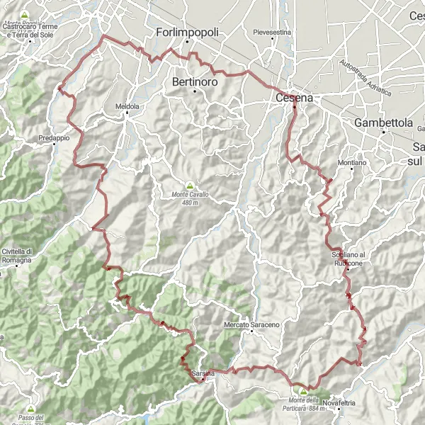 Kartminiatyr av "Mountain Challenge to Perticara" sykkelinspirasjon i Emilia-Romagna, Italy. Generert av Tarmacs.app sykkelrutoplanlegger