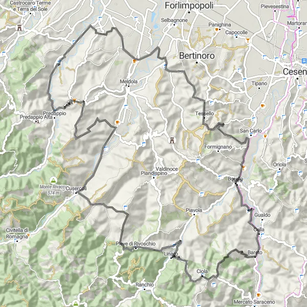 Miniatua del mapa de inspiración ciclista "Ruta de ciclismo en carretera desde Fiumana" en Emilia-Romagna, Italy. Generado por Tarmacs.app planificador de rutas ciclistas