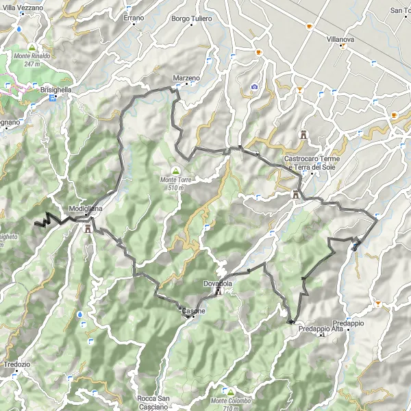 Miniatua del mapa de inspiración ciclista "Desafío en carretera por la montaña" en Emilia-Romagna, Italy. Generado por Tarmacs.app planificador de rutas ciclistas