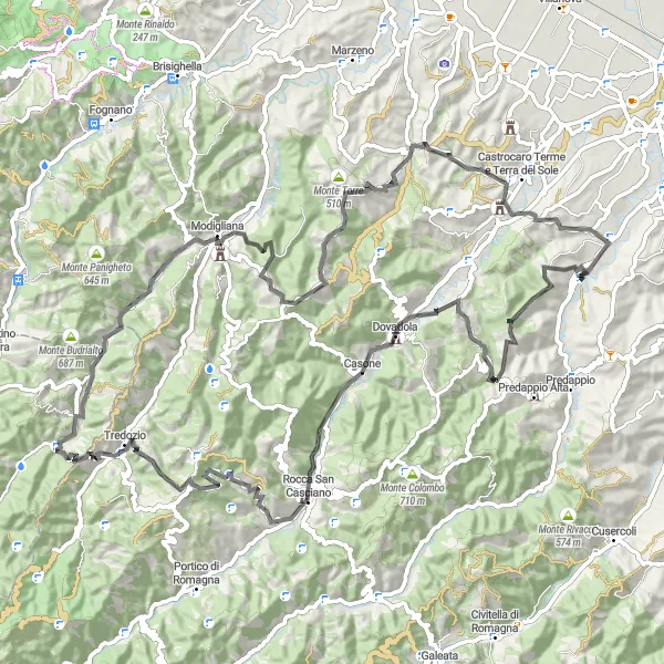 Miniatuurkaart van de fietsinspiratie "Uitdagende fietstocht naar Tredozio en Monte Serra" in Emilia-Romagna, Italy. Gemaakt door de Tarmacs.app fietsrouteplanner