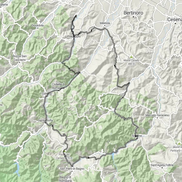 Miniatua del mapa de inspiración ciclista "Ruta de ciclismo de carretera a través de Monte Finocchio y Galeata" en Emilia-Romagna, Italy. Generado por Tarmacs.app planificador de rutas ciclistas
