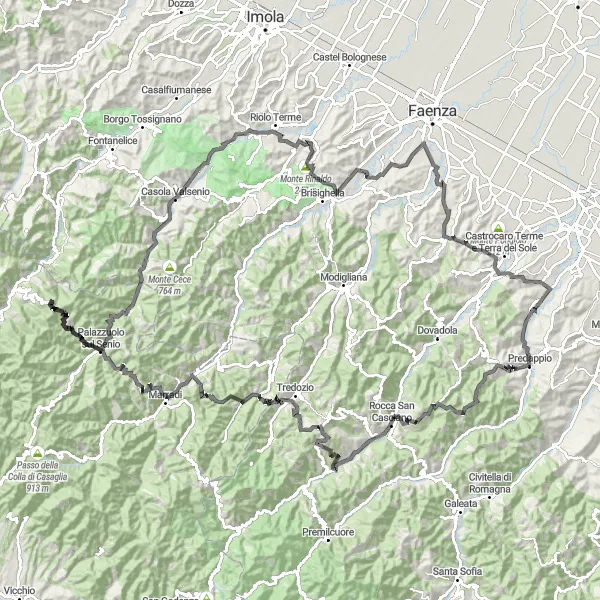 Miniatura della mappa di ispirazione al ciclismo "Tour del Mugello" nella regione di Emilia-Romagna, Italy. Generata da Tarmacs.app, pianificatore di rotte ciclistiche