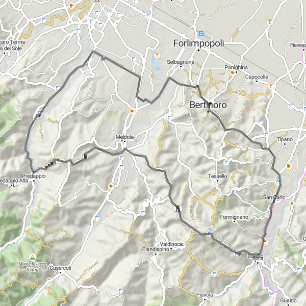 Miniatua del mapa de inspiración ciclista "Ruta de ciclismo de carretera por Fiumana" en Emilia-Romagna, Italy. Generado por Tarmacs.app planificador de rutas ciclistas
