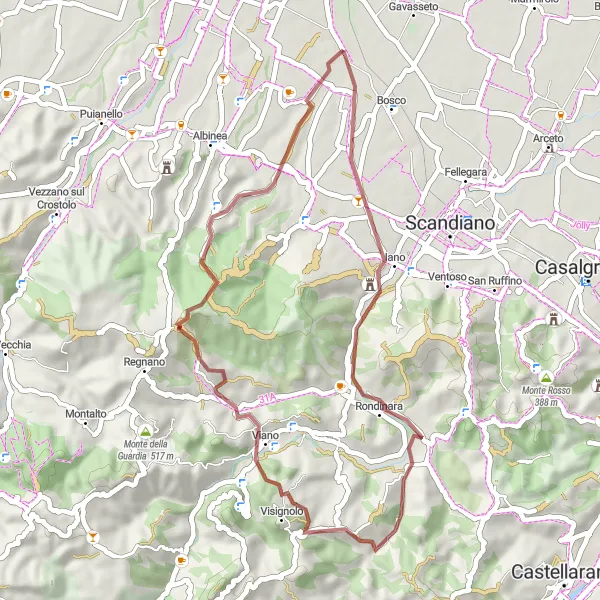 Miniatua del mapa de inspiración ciclista "Ruta de Grava a través de Colle del Pigno" en Emilia-Romagna, Italy. Generado por Tarmacs.app planificador de rutas ciclistas