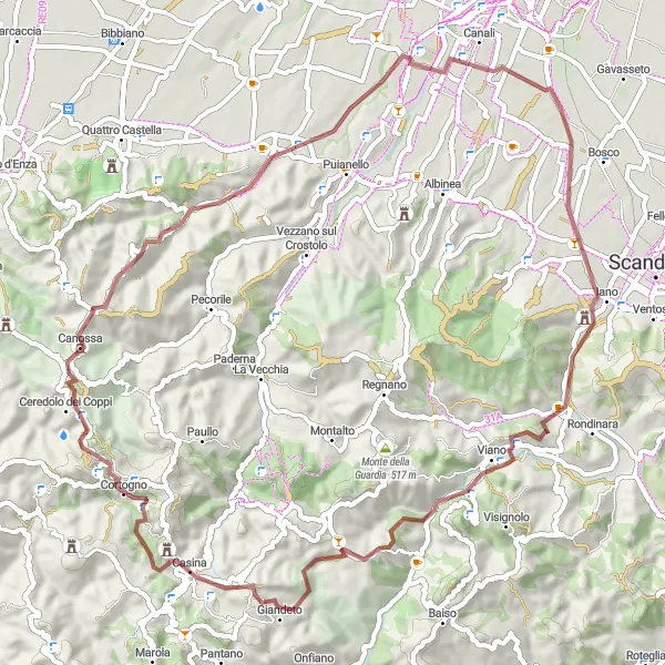 Miniatua del mapa de inspiración ciclista "Circuito de Grava por Castello di Viano y Monte Rico" en Emilia-Romagna, Italy. Generado por Tarmacs.app planificador de rutas ciclistas