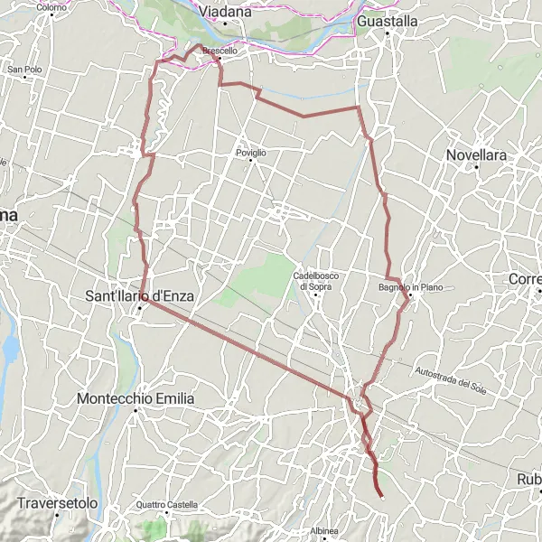 Miniature de la carte de l'inspiration cycliste "Parcours de Gravel de Pieve Modolena à Mancasale" dans la Emilia-Romagna, Italy. Générée par le planificateur d'itinéraire cycliste Tarmacs.app