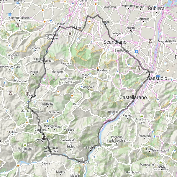 Kartminiatyr av "Utmanande roadtrip till Fogliano via Monte della Vigna, Veggia och Monte Branzola" cykelinspiration i Emilia-Romagna, Italy. Genererad av Tarmacs.app cykelruttplanerare