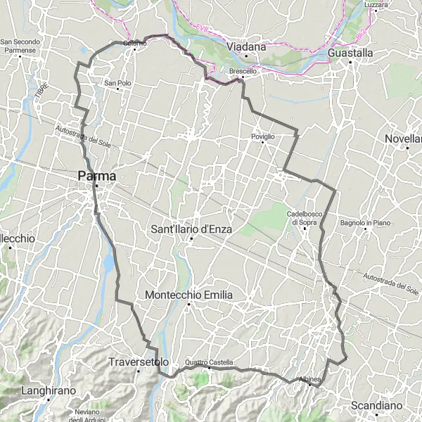 Kartminiatyr av "Cykeltur tillbaka till Fogliano via Botteghe, Monte Vetro och Copermio" cykelinspiration i Emilia-Romagna, Italy. Genererad av Tarmacs.app cykelruttplanerare