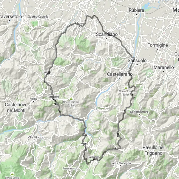 Miniatura della mappa di ispirazione al ciclismo "Giro in bicicletta da Fogliano attraverso Monte Scisso e San Pellegrinetto" nella regione di Emilia-Romagna, Italy. Generata da Tarmacs.app, pianificatore di rotte ciclistiche