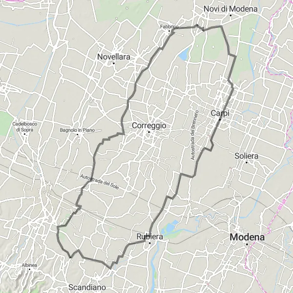 Kartminiatyr av "Byar och landskap" cykelinspiration i Emilia-Romagna, Italy. Genererad av Tarmacs.app cykelruttplanerare