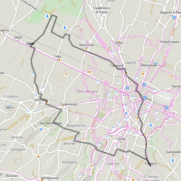 Kartminiatyr av "Fogliano til Cadè Loop" sykkelinspirasjon i Emilia-Romagna, Italy. Generert av Tarmacs.app sykkelrutoplanlegger