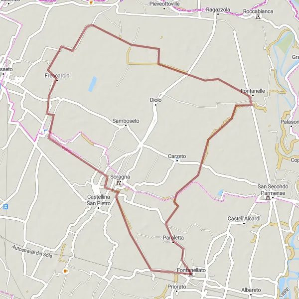 Miniaturní mapa "Gravelový okruh kolem Soragny a Rocca Sanvitale" inspirace pro cyklisty v oblasti Emilia-Romagna, Italy. Vytvořeno pomocí plánovače tras Tarmacs.app