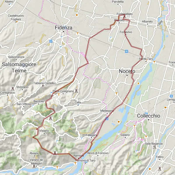 Mapa miniatúra "Gravel okolo Fontanellato" cyklistická inšpirácia v Emilia-Romagna, Italy. Vygenerované cyklistickým plánovačom trás Tarmacs.app