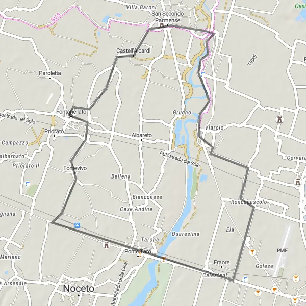Kartminiatyr av "Fontanellato Loop Via San Secondo Parmense" sykkelinspirasjon i Emilia-Romagna, Italy. Generert av Tarmacs.app sykkelrutoplanlegger