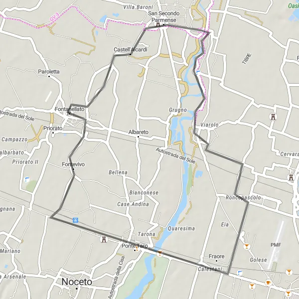 Miniatura della mappa di ispirazione al ciclismo "Passeggiata rilassante nei dintorni di Fontanellato" nella regione di Emilia-Romagna, Italy. Generata da Tarmacs.app, pianificatore di rotte ciclistiche