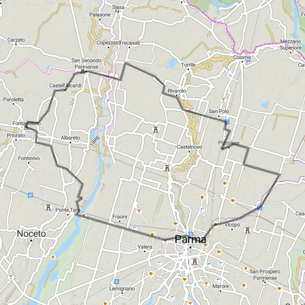 Miniatura della mappa di ispirazione al ciclismo "Tour cicloturistico da San Secondo Parmense a Fontanellato" nella regione di Emilia-Romagna, Italy. Generata da Tarmacs.app, pianificatore di rotte ciclistiche