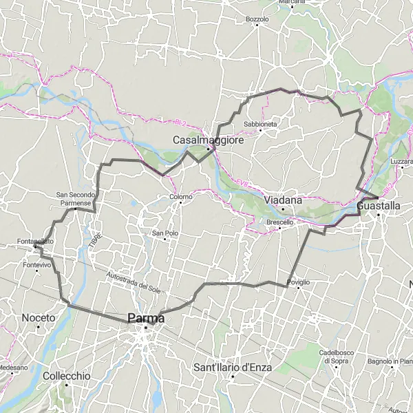 Kartminiatyr av "Vägcykling till Parma och Guastalla" cykelinspiration i Emilia-Romagna, Italy. Genererad av Tarmacs.app cykelruttplanerare