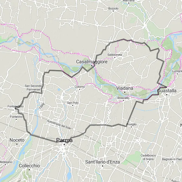 Karttaminiaatyyri "Reitti Parmaan ja takaisin" pyöräilyinspiraatiosta alueella Emilia-Romagna, Italy. Luotu Tarmacs.app pyöräilyreittisuunnittelijalla