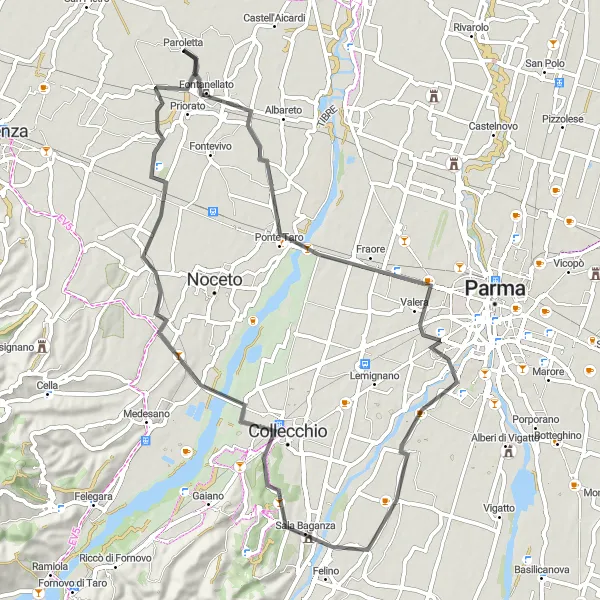 Karttaminiaatyyri "Fontanellato - Paroletta - Belvedere Circuit" pyöräilyinspiraatiosta alueella Emilia-Romagna, Italy. Luotu Tarmacs.app pyöräilyreittisuunnittelijalla